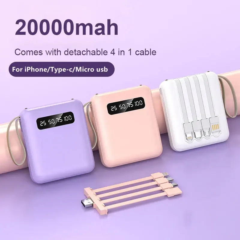20000 10000mAh New Power Bank with 4 Charging Cables Mini Large Capacity Mirrored Power Bank Portable Fast Charging Powerbanks