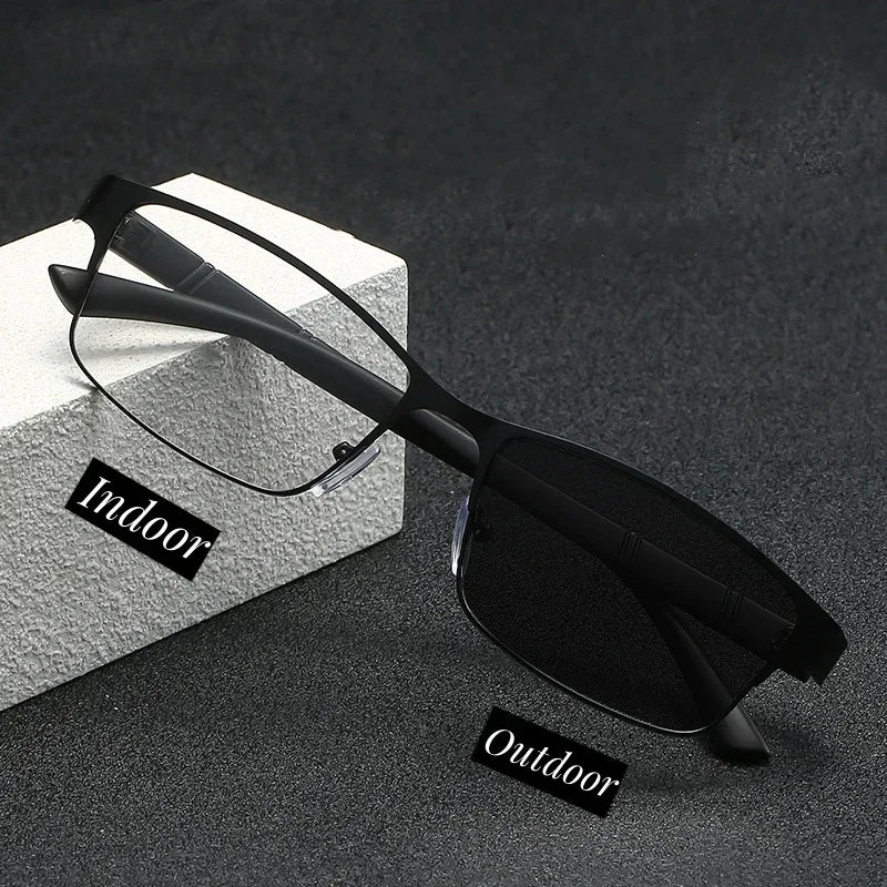 Smart Photochromic Near Sight Sun Glasses for Business Women Men Retro Metal Half Frame Myopia Eyewear Anti-UV Minus Goggles