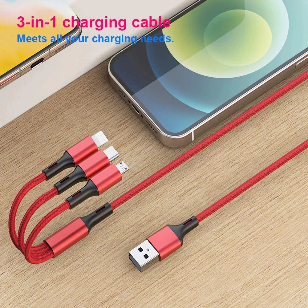 3In1 Fast Charging Cable Cord For iPhone Xiaomi Micro USB Type C Charger Cable Multi Port Multiple Usb Charging Wire Line 1.2m