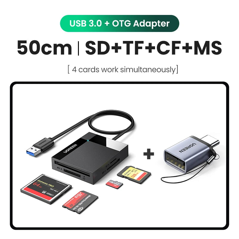 UGREEN Card Reader 4-in-1 USB3.0/USB-C SD Micro SD TF CF MS Compact Flash Card Adapter for Laptop PC Multi OTG Smart Card Reader