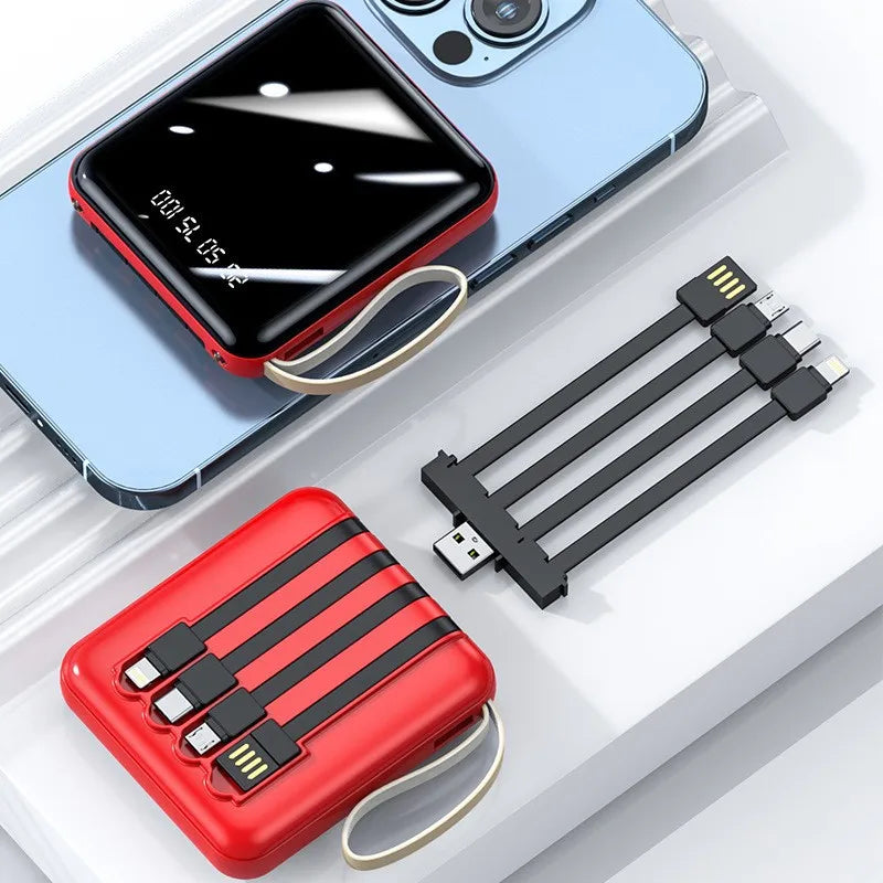20000 10000mAh New Power Bank with 4 Charging Cables Mini Large Capacity Mirrored Power Bank Portable Fast Charging Powerbanks