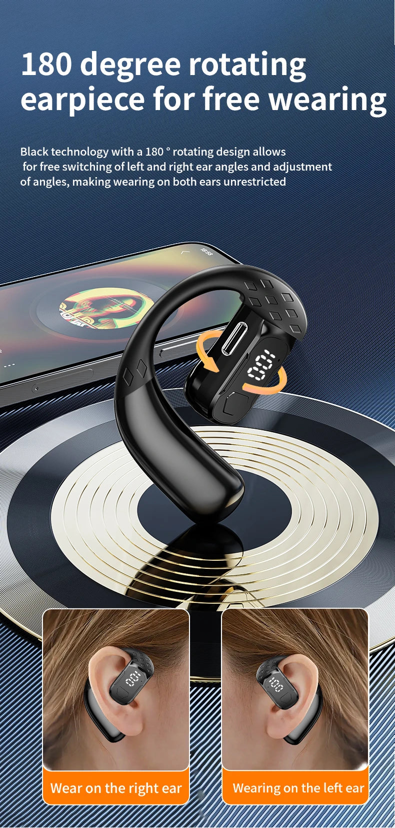 Wireless Headset 180° Rotation Adjustable Left Right Open Bluetooth 5.4 Ear Universal Earphone Mic Sport Business Music Ear-Hook