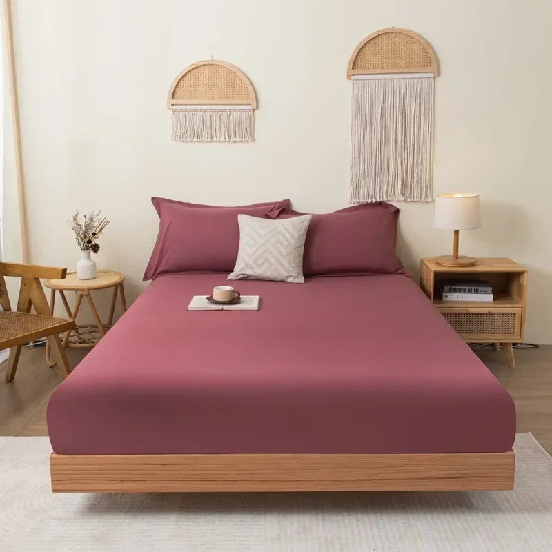 Cotton Fitted Bedsheet with Elastic Band Solid Color Dustproof Mattress Cover King Queen Size Beds Sheets Pillow Case Home Decor