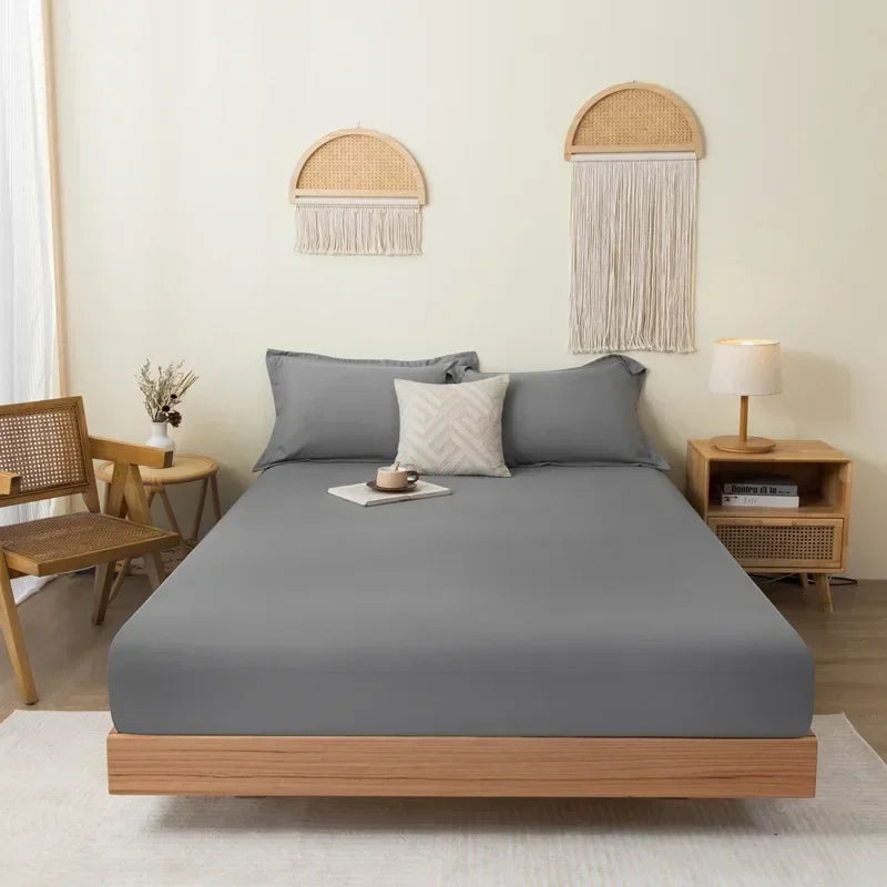 Cotton Fitted Bedsheet with Elastic Band Solid Color Dustproof Mattress Cover King Queen Size Beds Sheets Pillow Case Home Decor