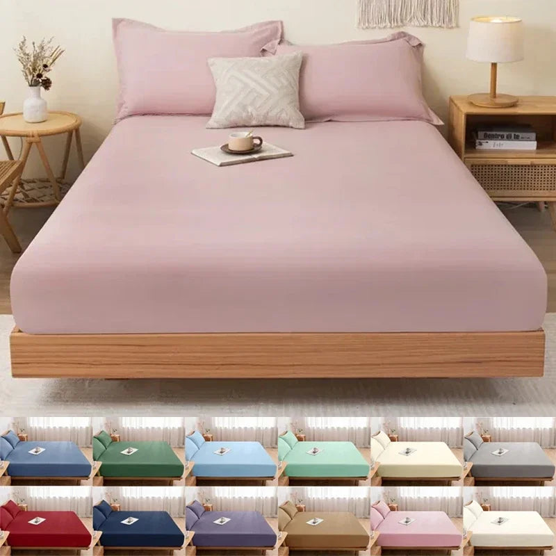 Cotton Fitted Bedsheet with Elastic Band Solid Color Dustproof Mattress Cover King Queen Size Beds Sheets Pillow Case Home Decor