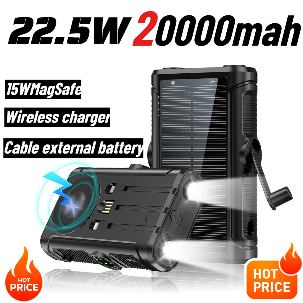 2025 NEW Solar Power Bank 20000mAh 22.5W Magnetic Wireless Powerbank Hand Crank with Cable Portable Charger for Outdoor Camping