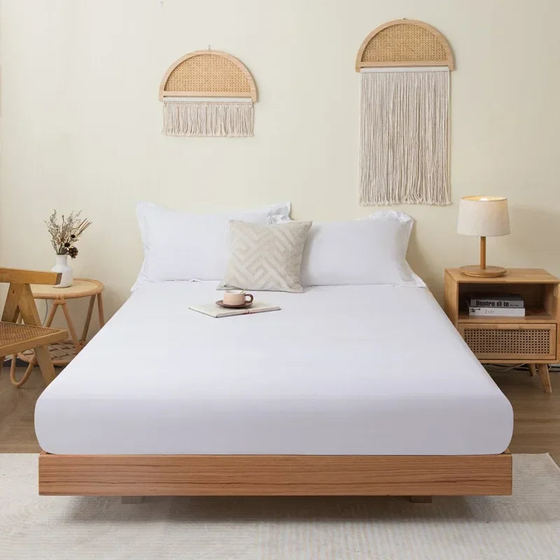 Cotton Fitted Bedsheet with Elastic Band Solid Color Dustproof Mattress Cover King Queen Size Beds Sheets Pillow Case Home Decor