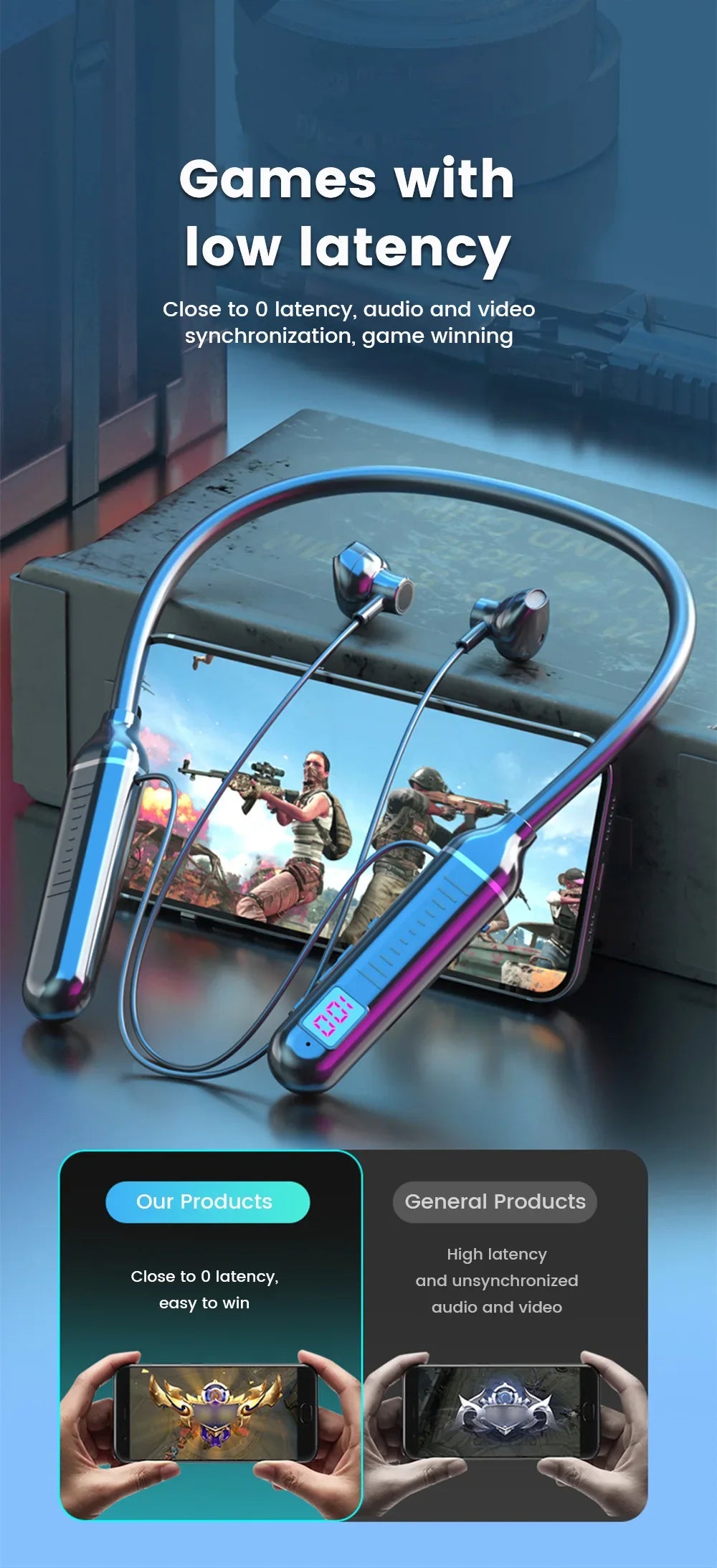 Wireless Earphones 5.3 Neckband Headphones Gaming LED Display Stereo Sports Headset Halter Waterproof Magnetic Earbuds