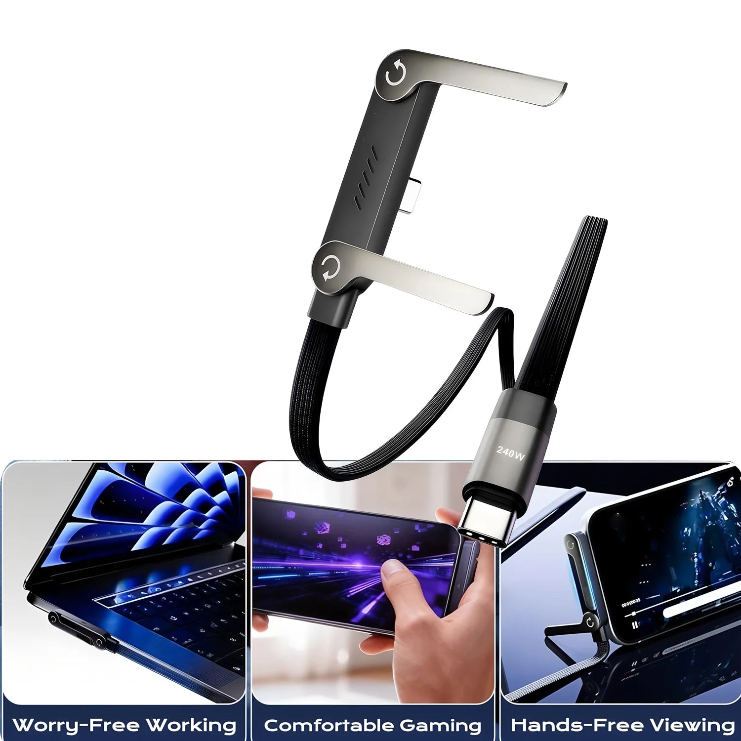 240W Fast Charging Foldable Mobile Phone Holder Data Cable Multi-Angle Adjustment Non-Stop Charging Phone Holder PD Usb Cable