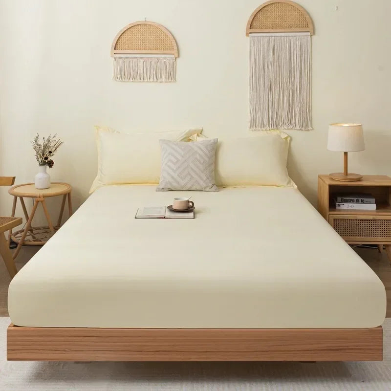 Cotton Fitted Bedsheet with Elastic Band Solid Color Dustproof Mattress Cover King Queen Size Beds Sheets Pillow Case Home Decor