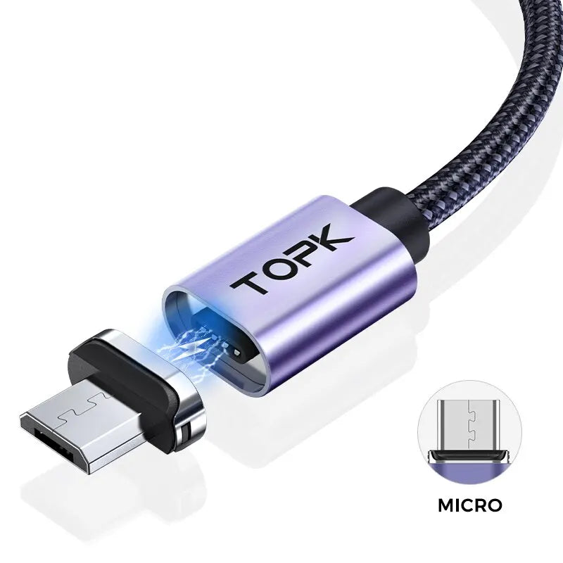 TOPK Magnetic Charging Cable 3A Micro USB Type C Cable with Led Light Magnet Phone Charger Cord for iPhone Android Devices