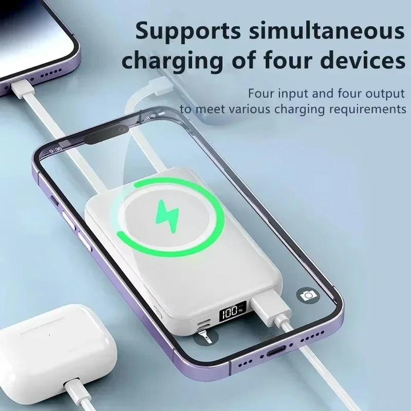 Portable Power Bank 20000mAh Wireless Powerful Magnetic Power Bank Built in 3 Cable Powerbank Fast Charging For iPhone 15 Xiaomi