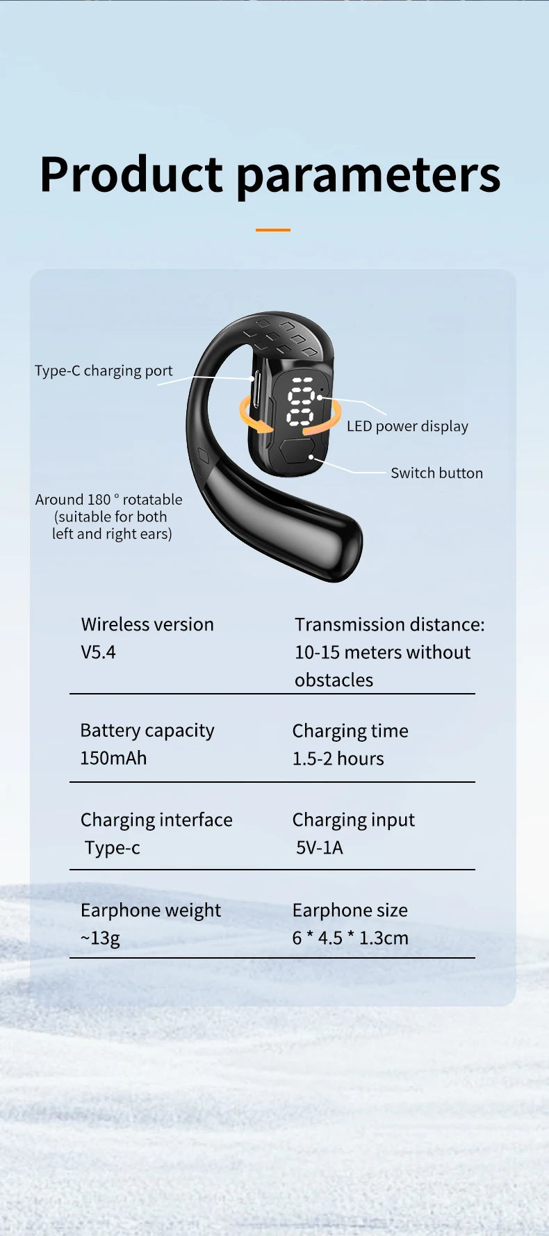 Wireless Headset 180° Rotation Adjustable Left Right Open Bluetooth 5.4 Ear Universal Earphone Mic Sport Business Music Ear-Hook