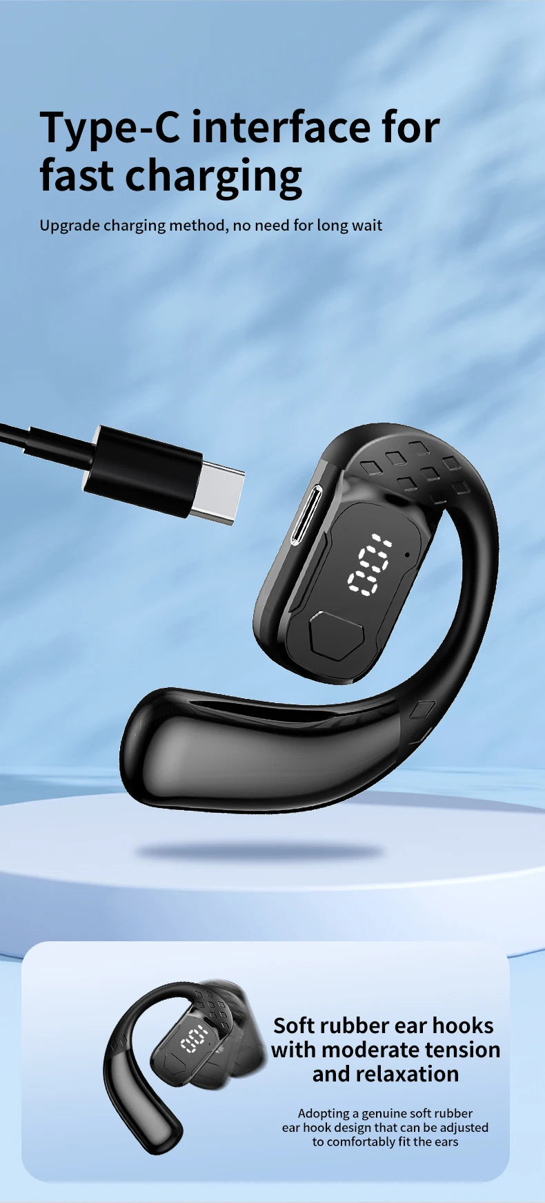 Wireless Headset 180° Rotation Adjustable Left Right Open Bluetooth 5.4 Ear Universal Earphone Mic Sport Business Music Ear-Hook