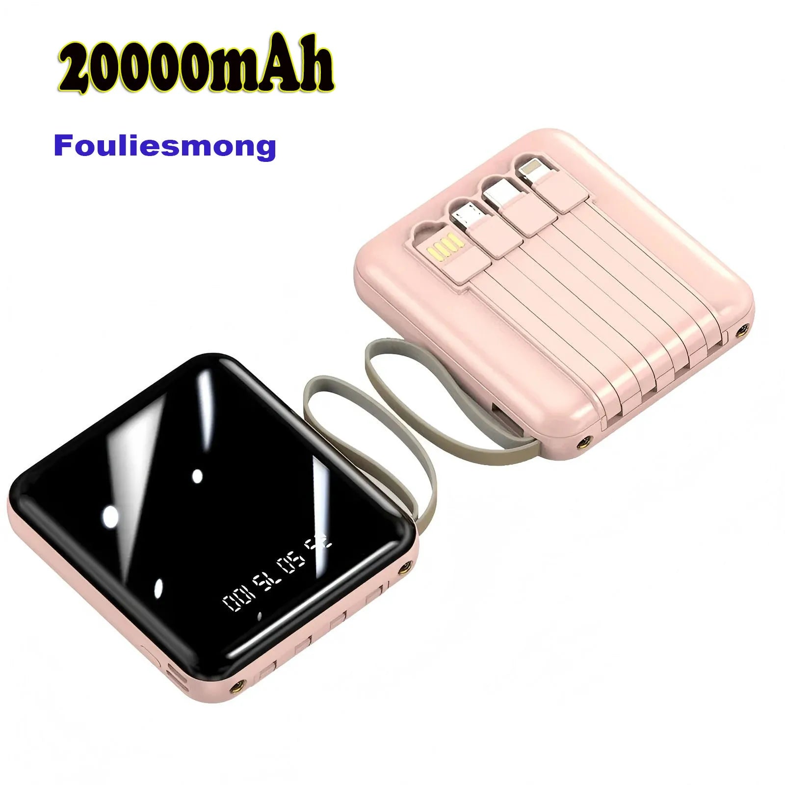 20000 10000mAh New Power Bank with 4 Charging Cables Mini Large Capacity Mirrored Power Bank Portable Fast Charging Powerbanks