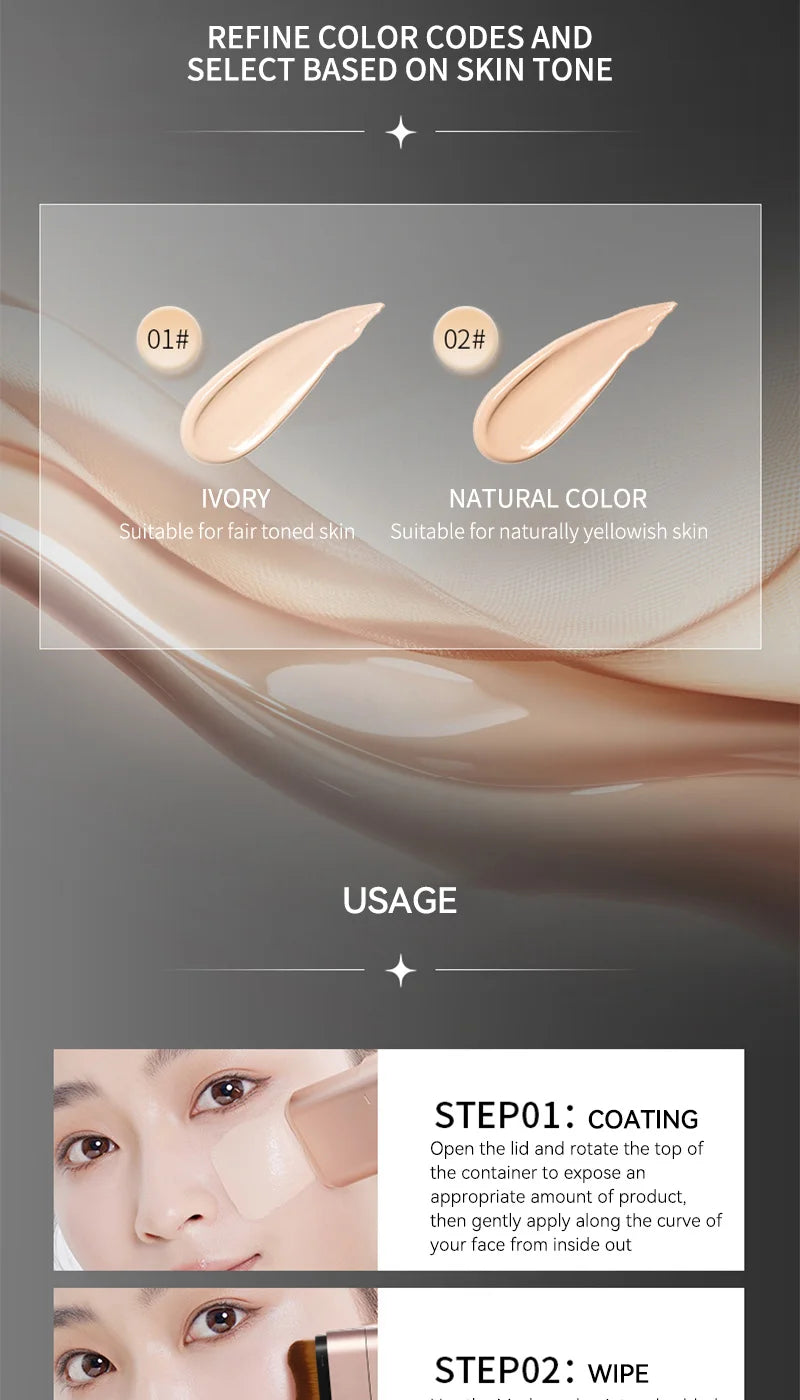 Light and Moist Hydrating Foundation, Natural-Looking, Moisturizing, Shiny, Thin and Lightweight, Double-Headed Makeup Foundation That Rotates for Easy Use, with Its Own Brush, Waterproof, Easy to Apply Makeup, and Easy for B