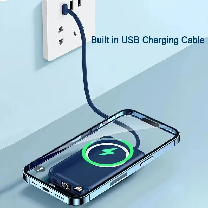 Portable Power Bank 20000mAh Wireless Powerful Magnetic Power Bank Built in 3 Cable Powerbank Fast Charging For iPhone 15 Xiaomi