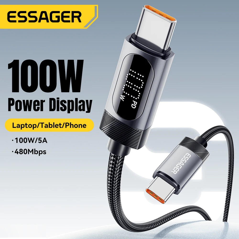 Essager Digital Dispaly USB C Cable For iPhone 17 16 15 Xiaomi Huawei 100W PD Fast Charging For Macbook iPad Type C to C Cable