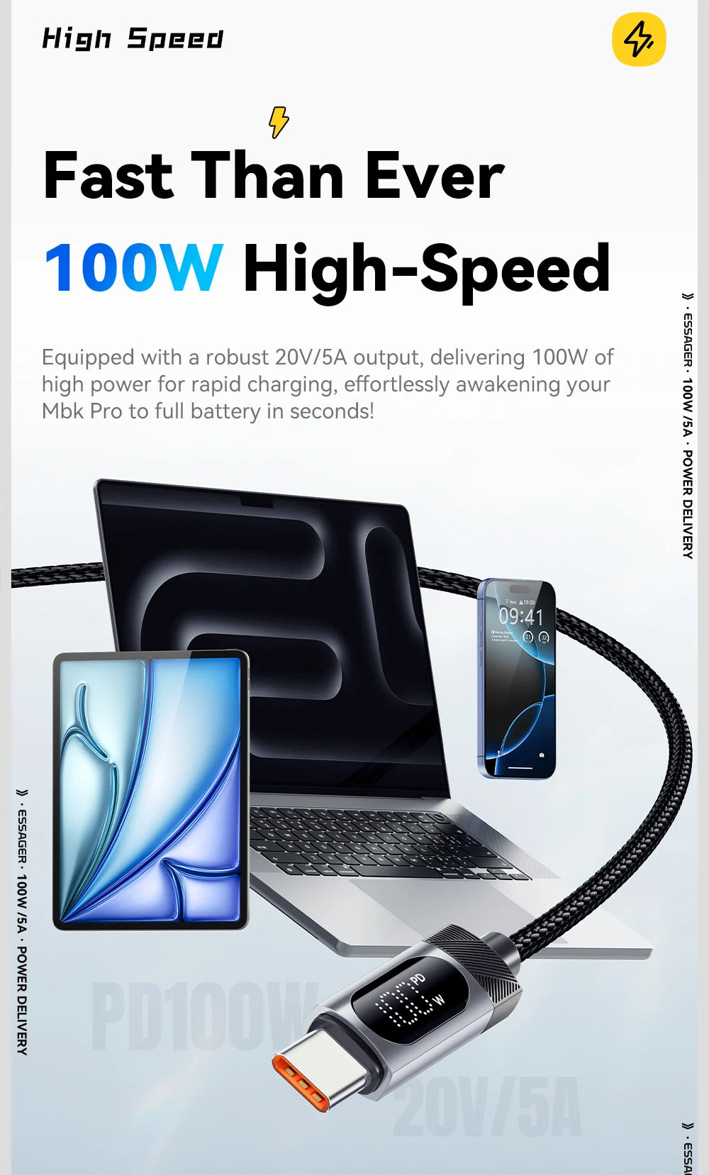 Essager Digital Dispaly USB C Cable For iPhone 17 16 15 Xiaomi Huawei 100W PD Fast Charging For Macbook iPad Type C to C Cable