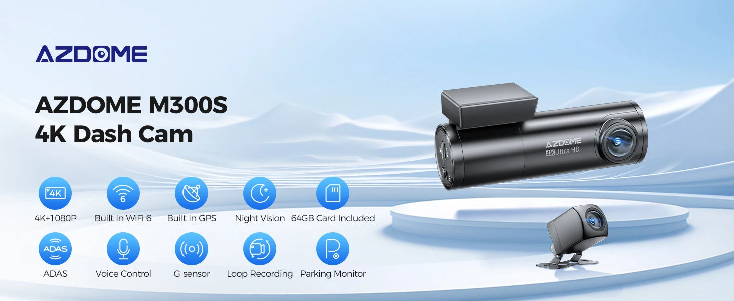 AZDOME Dash Cam M300S 4K+1080P Dual Dash Car Camera Built-in WiFi GPS ADAS Car DVR 24H Parking Mode Night Vision Black Box