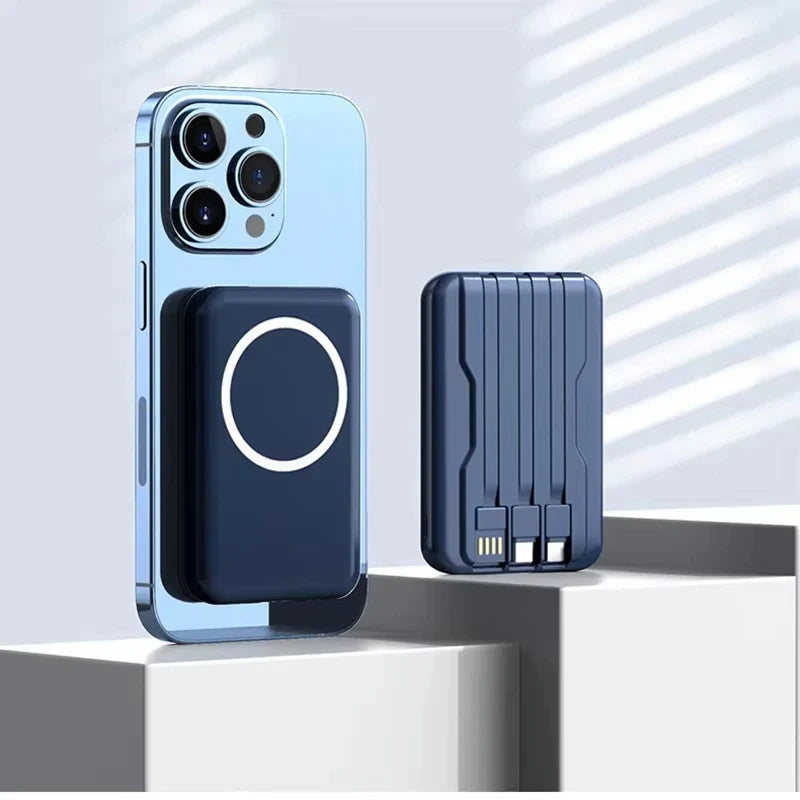 Portable Power Bank 20000mAh Wireless Powerful Magnetic Power Bank Built in 3 Cable Powerbank Fast Charging For iPhone 15 Xiaomi