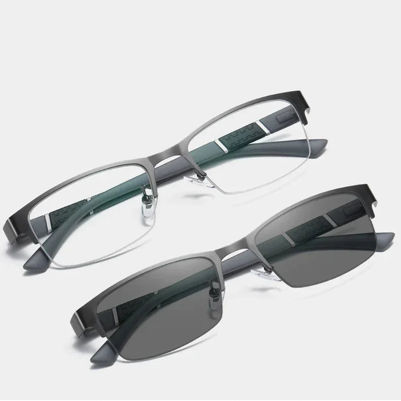 Smart Photochromic Near Sight Sun Glasses for Business Women Men Retro Metal Half Frame Myopia Eyewear Anti-UV Minus Goggles