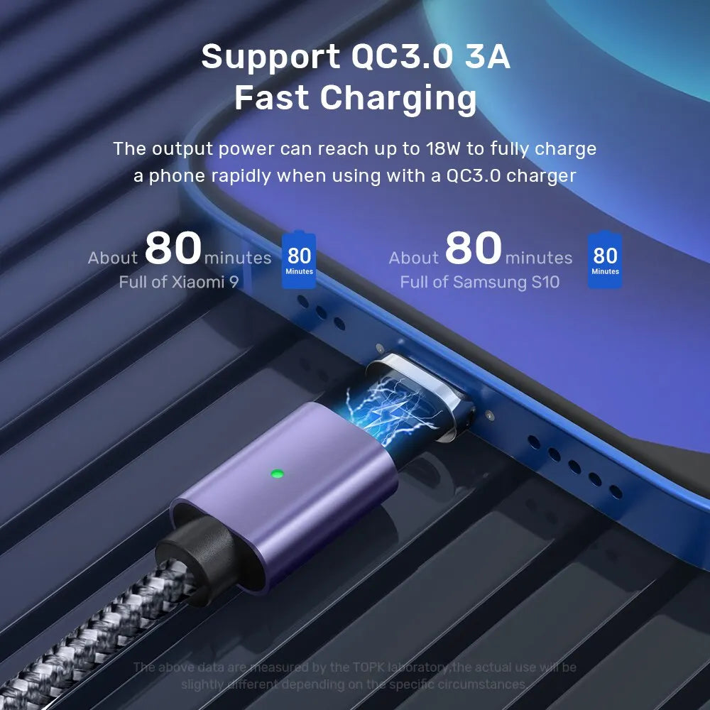 TOPK Magnetic Charging Cable 3A Micro USB Type C Cable with Led Light Magnet Phone Charger Cord for iPhone Android Devices