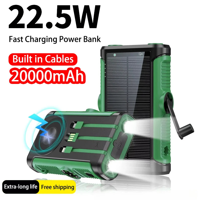 2025 NEW Solar Power Bank 20000mAh 22.5W Magnetic Wireless Powerbank Hand Crank with Cable Portable Charger for Outdoor Camping