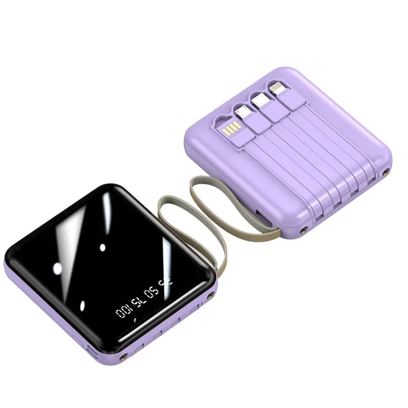 20000 10000mAh New Power Bank with 4 Charging Cables Mini Large Capacity Mirrored Power Bank Portable Fast Charging Powerbanks