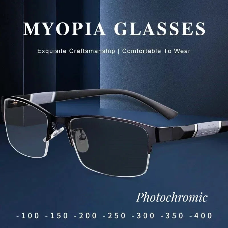 Smart Photochromic Near Sight Sun Glasses for Business Women Men Retro Metal Half Frame Myopia Eyewear Anti-UV Minus Goggles