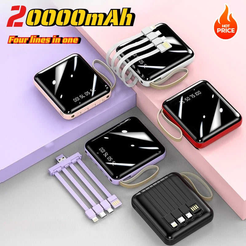 20000 10000mAh New Power Bank with 4 Charging Cables Mini Large Capacity Mirrored Power Bank Portable Fast Charging Powerbanks