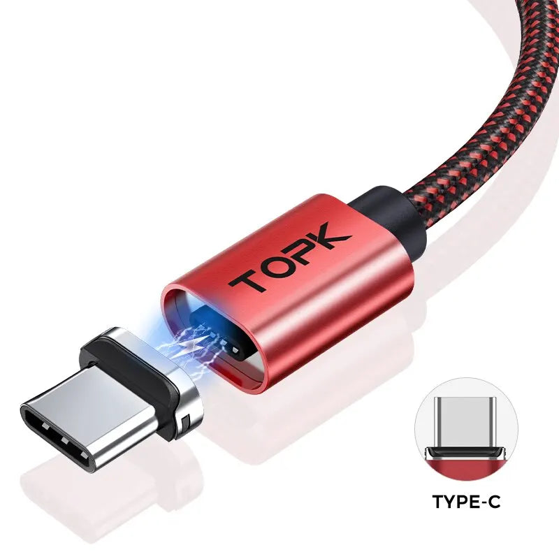 TOPK Magnetic Charging Cable 3A Micro USB Type C Cable with Led Light Magnet Phone Charger Cord for iPhone Android Devices