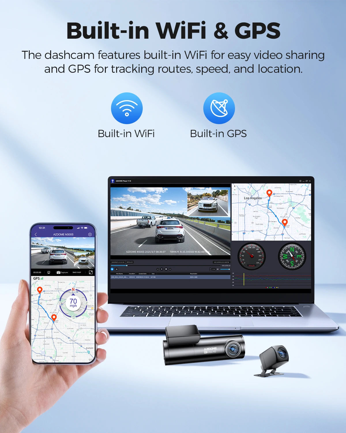 AZDOME Dash Cam M300S 4K+1080P Dual Dash Car Camera Built-in WiFi GPS ADAS Car DVR 24H Parking Mode Night Vision Black Box