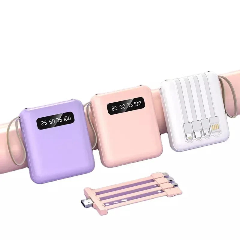 20000 10000mAh New Power Bank with 4 Charging Cables Mini Large Capacity Mirrored Power Bank Portable Fast Charging Powerbanks