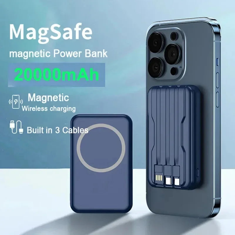 Portable Power Bank 20000mAh Wireless Powerful Magnetic Power Bank Built in 3 Cable Powerbank Fast Charging For iPhone 15 Xiaomi