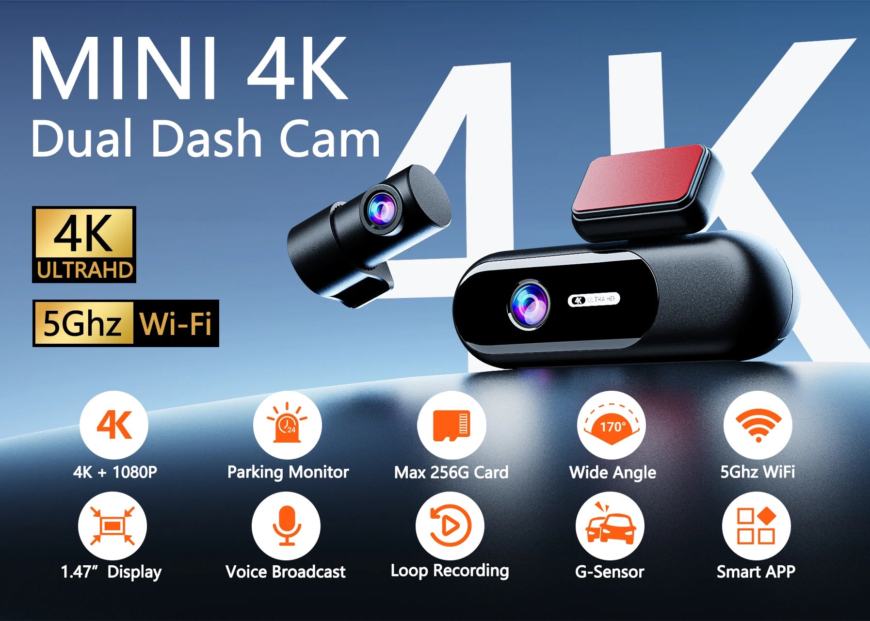 Dash Cam for cas 4K UHD Recording Front Rear Car Camera HDR Night Vision Recorder Built in Wi-Fi Parking Mode