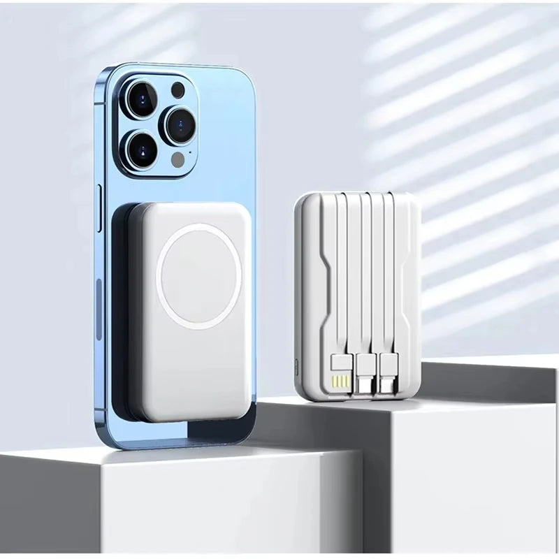 Portable Power Bank 20000mAh Wireless Powerful Magnetic Power Bank Built in 3 Cable Powerbank Fast Charging For iPhone 15 Xiaomi