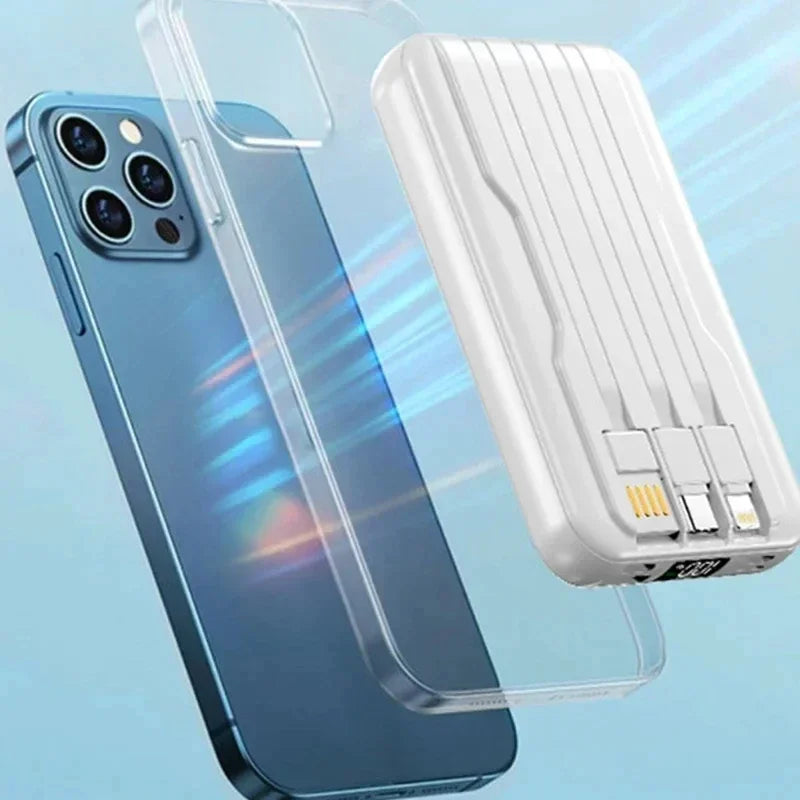 Portable Power Bank 20000mAh Wireless Powerful Magnetic Power Bank Built in 3 Cable Powerbank Fast Charging For iPhone 15 Xiaomi