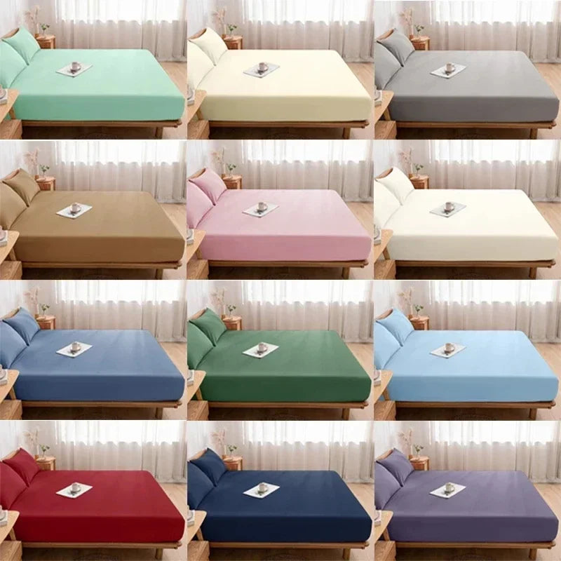 Cotton Fitted Bedsheet with Elastic Band Solid Color Dustproof Mattress Cover King Queen Size Beds Sheets Pillow Case Home Decor