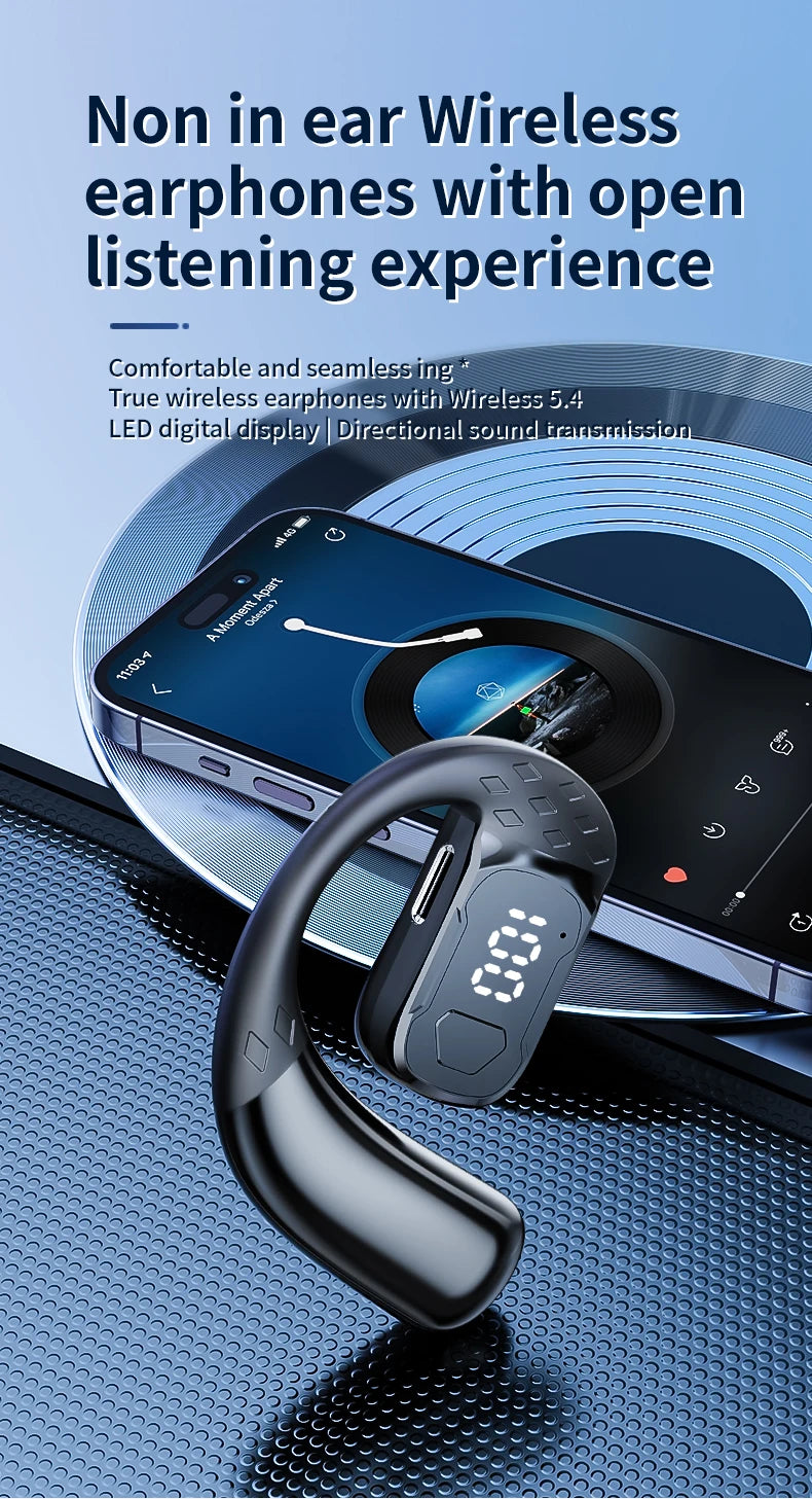 Wireless Headset 180° Rotation Adjustable Left Right Open Bluetooth 5.4 Ear Universal Earphone Mic Sport Business Music Ear-Hook
