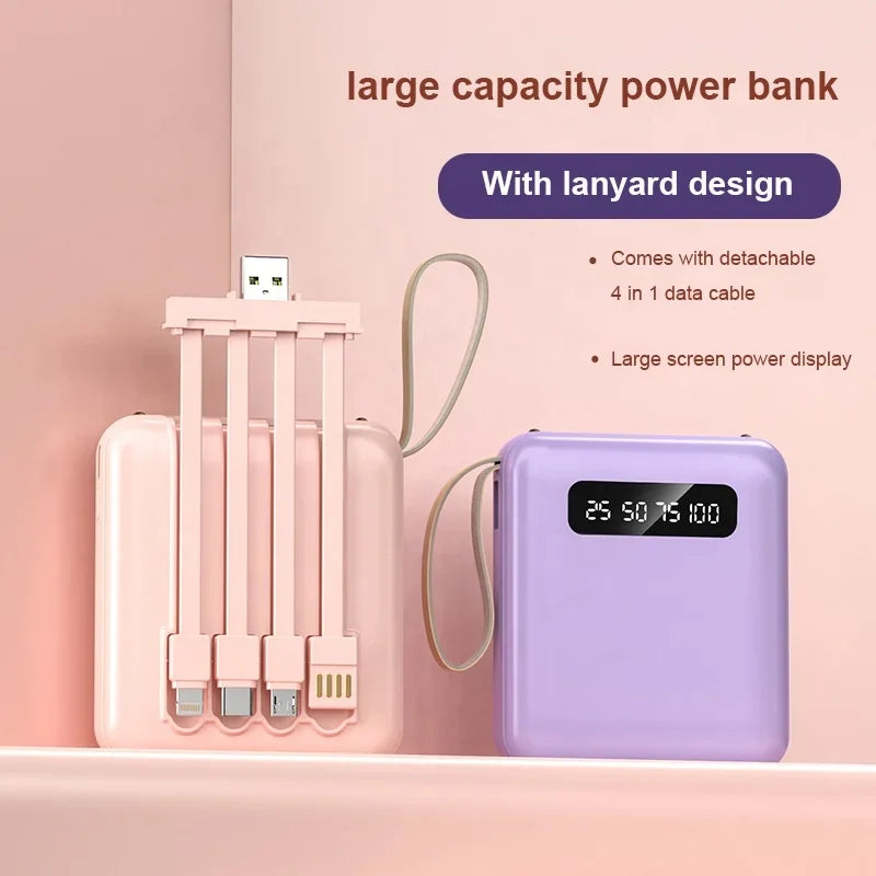 20000 10000mAh New Power Bank with 4 Charging Cables Mini Large Capacity Mirrored Power Bank Portable Fast Charging Powerbanks