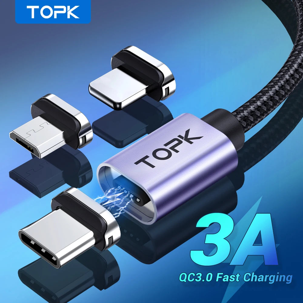 TOPK Magnetic Charging Cable 3A Micro USB Type C Cable with Led Light Magnet Phone Charger Cord for iPhone Android Devices